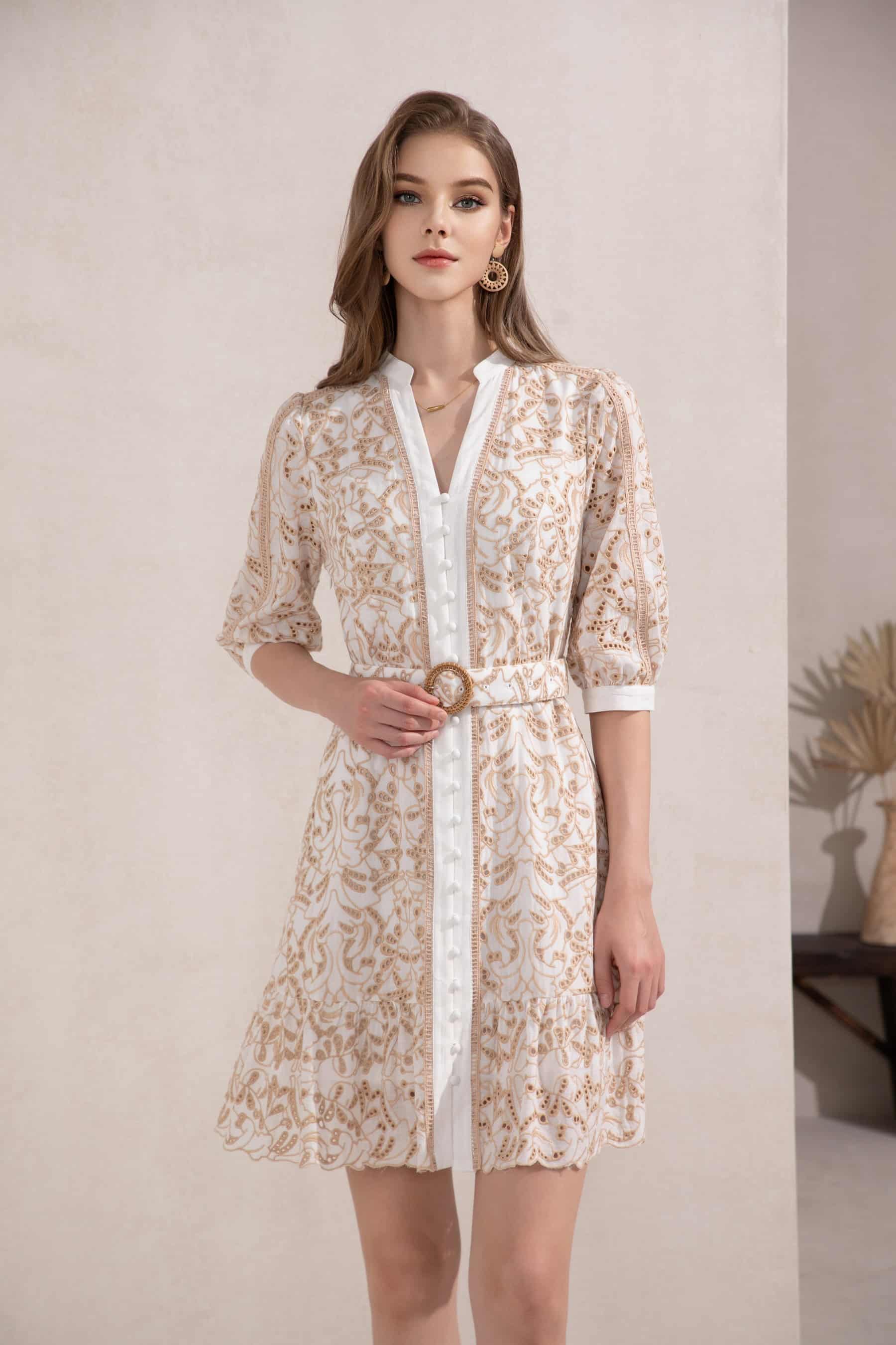 GDS Naomi V Neck Short Dress | Beige