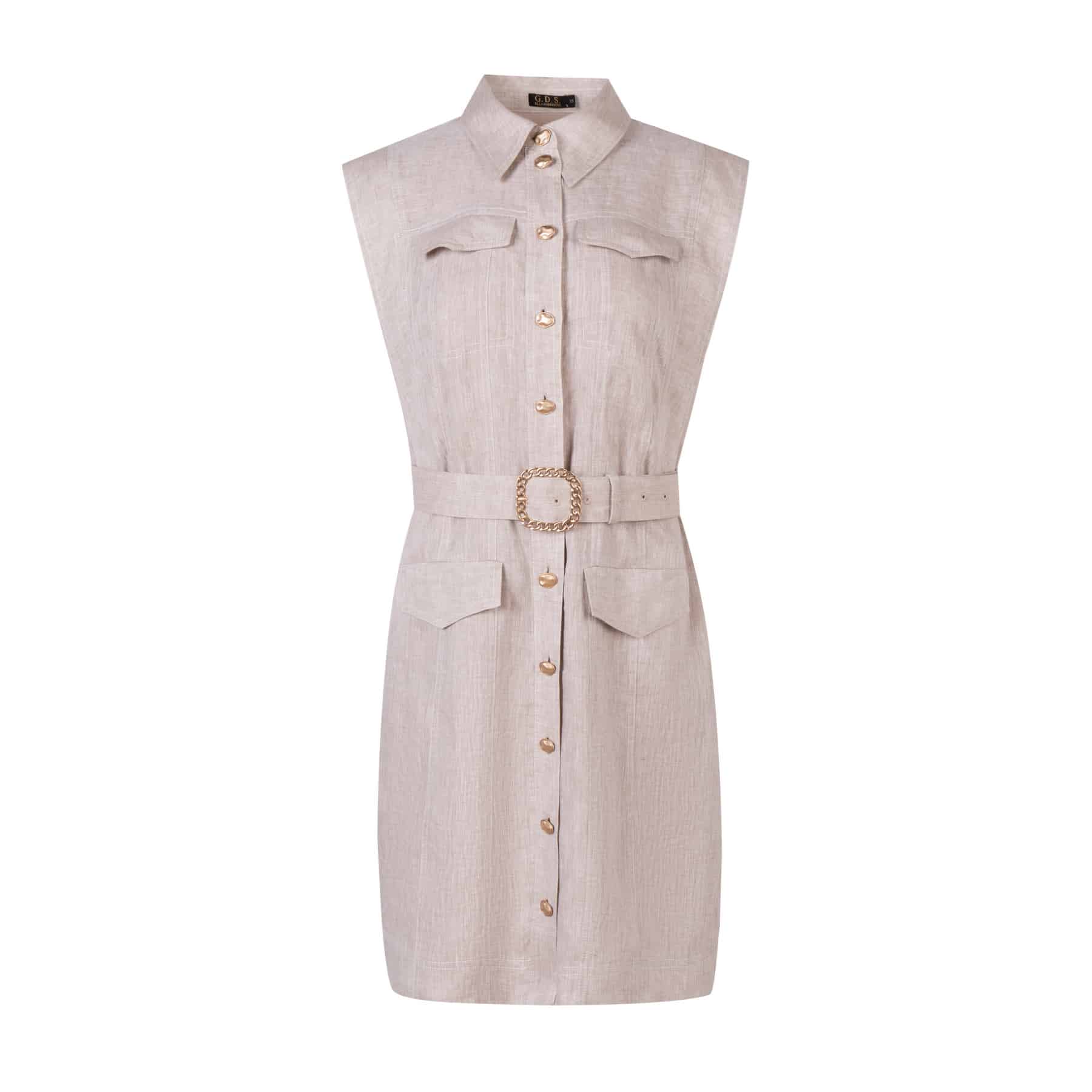 GDS Georgette Belted Linen Dress | French Oak DRESSES BEIGE BRUNCH Catch DRESSES GDS HOLIDAY L M S SPRING-SUMMER WORK XL XS
