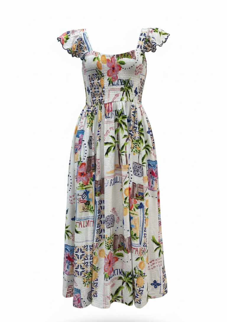 Bella Shirred Dress | Italy Print