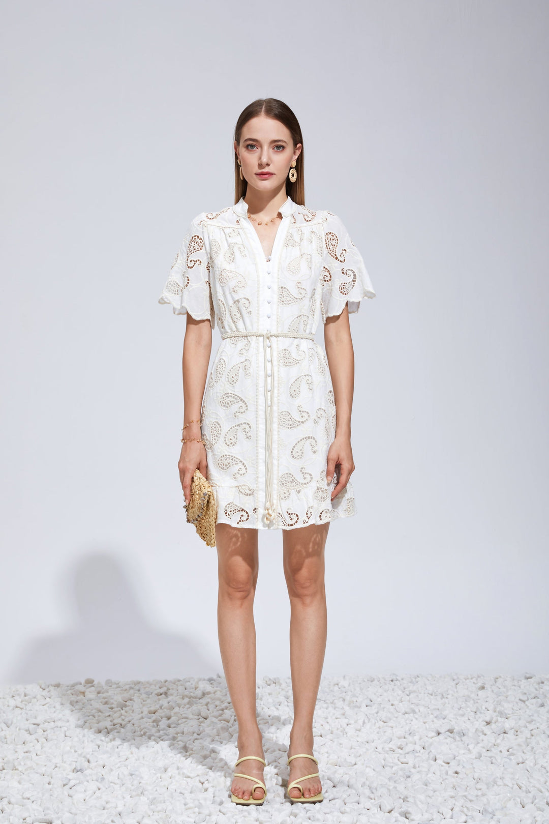 WOMEN'S SEA GREEN LOOMED SPLENDOR: COTTON EMBROIDERY SHORT DRESS