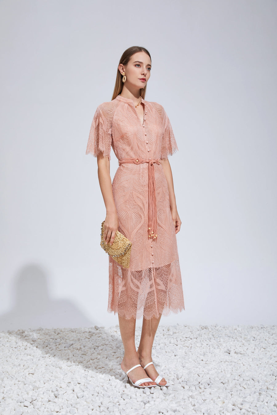 Dusty pink shop lace midi dress