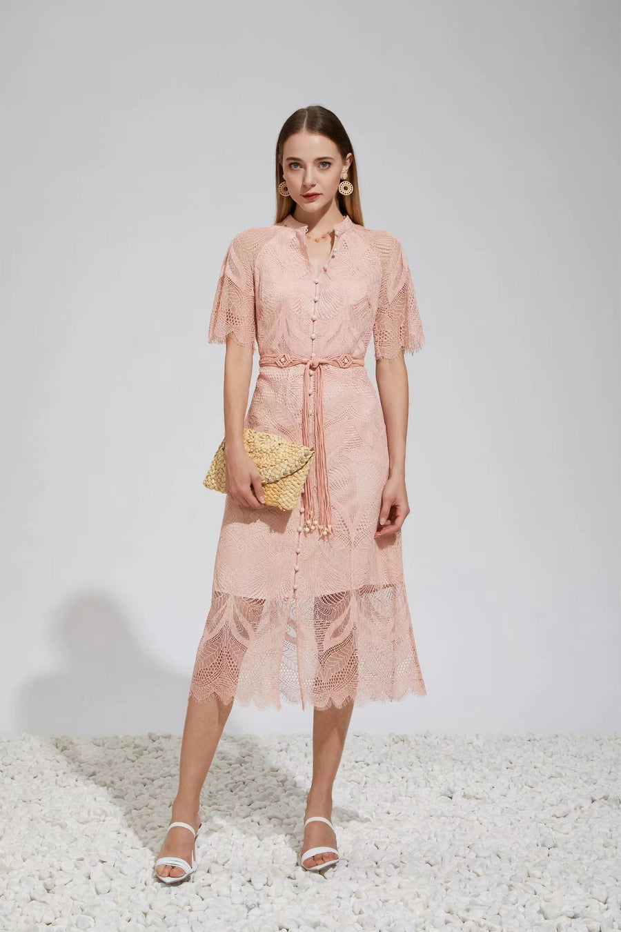 Dusty pink 2024 lace midi dress