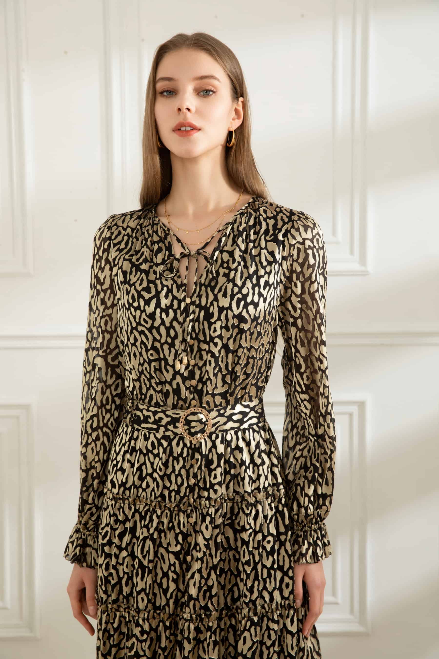 GDS Estelle Belted Dress | Gold - Black Print DRESSES autumn-winter AW 23 Catch DRESSES GDS GOLD L M RACES S SALE 40 % wedding guest dress XL XS